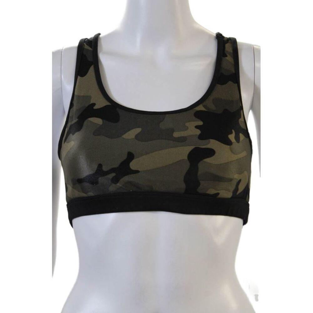Koral Womens Scoop Neck Stretch Knit Camouflage Sports Bra Brown Black Small